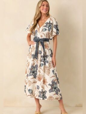 Aylaya Size Small Ivory Floral Print Linen Blend Sorrento Midi Dress